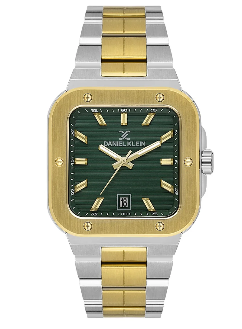 DANIEL KLEIN Men's Stainless Steel Silver and Gold Brass Case Analog Dark Green Square Emboss Dial Japanese Quartz Premium 50 Meters Water Resistant